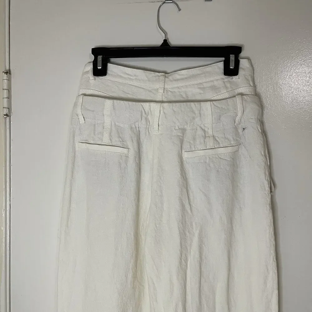 Zara Double Waistband linen blend off white ivory wide leg pants small